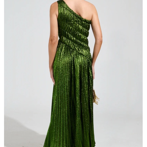 Elegant Green Maxi Dress Akira Stay radiant Metallic chiffon maxi dress size S - Picture 2 of 5